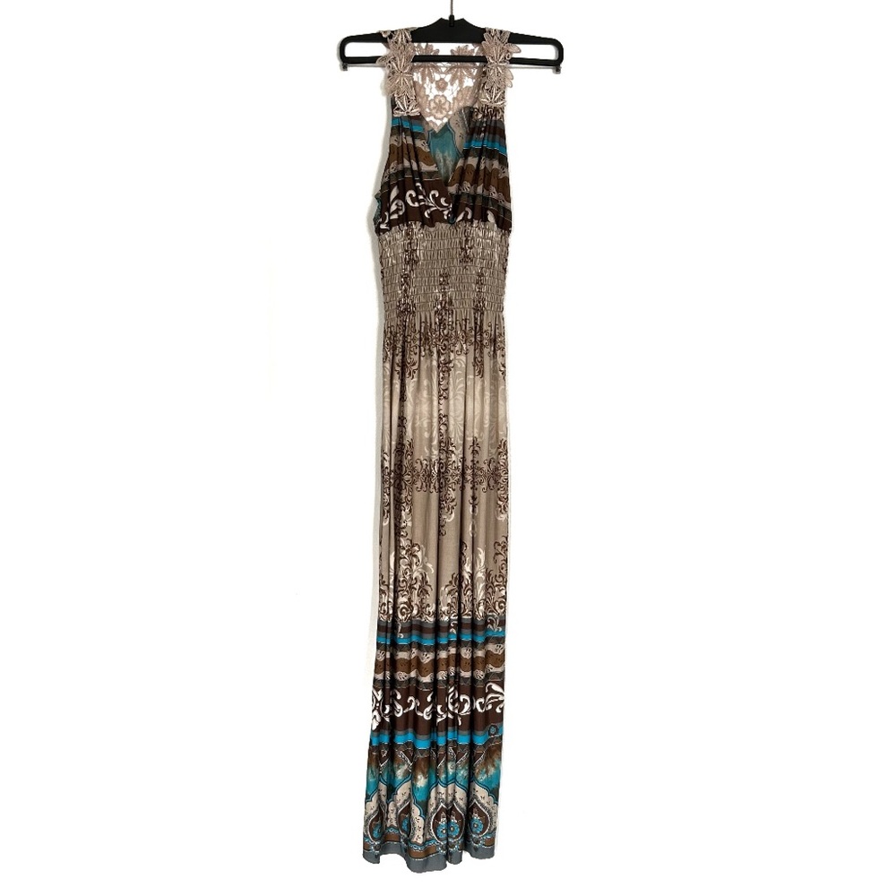 Boho Style Beige Brown Turquoise Blue Maxi Dress Lace Long Flowy Beach Vacation